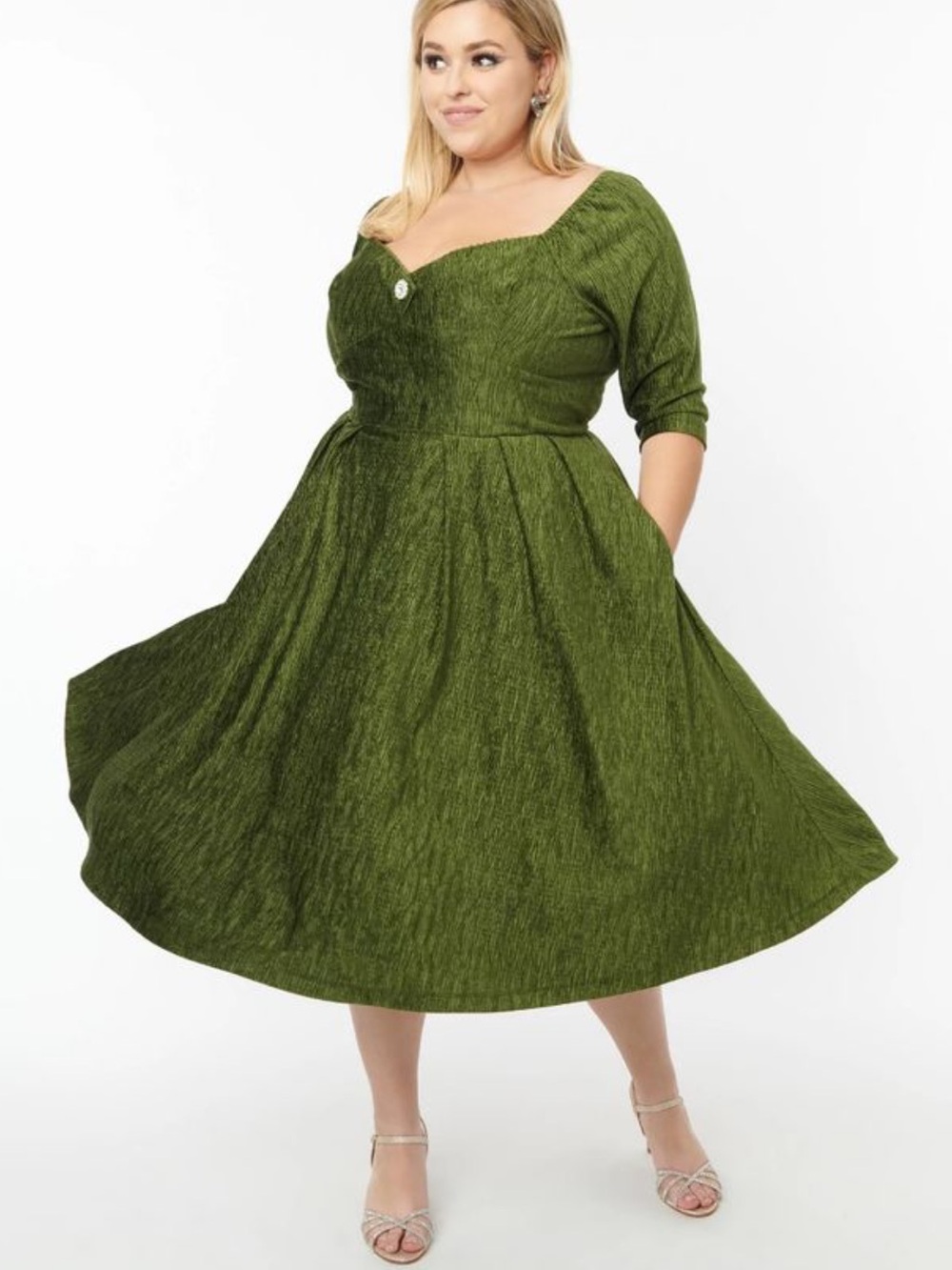 Unique Vintage Lamar Swing Olive Green Sweetheart Fit-and-Flare Midi Dress